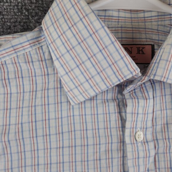Thomas Pink Long Sleeve Button Up Cotton Red White Blue Check 15.5 34 Men French - Picture 12 of 15